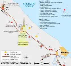 Map showing the Soyuz Complex at the upper left, with the main spaceport to the lower right.