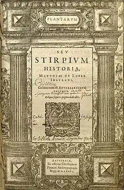 Title page of Plantarum seu stirpium historia, by Mathias l'Obel