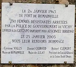 Memorial plaque to women of the Resistance sent to Auschwitz from Romainville