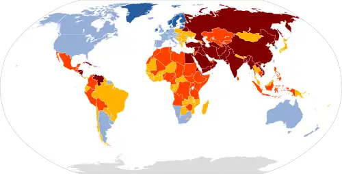 Image 522023 World Press Freedom Index &nbsp;&nbsp;Good: 85–100 points &nbsp;&nbsp;Satisfactory: 70–85 points &nbsp;&nbsp;Problematic: 55–70 points &nbsp;&nbsp;Difficult: 40–55 points &nbsp;&nbsp;Very serious <40 points &nbsp;&nbsp;Not classified (from Freedom of the press)