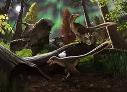 A herd of P. perotorum resting next to contemporaneous paleofauna from the Prince Creek Formation