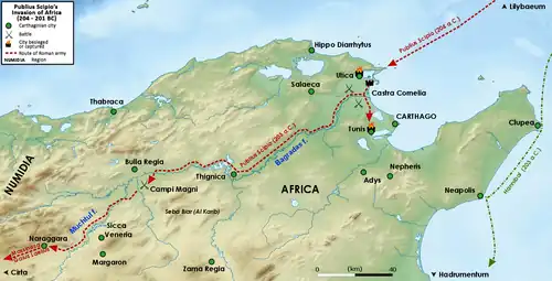 a terrain map of northern Tunisia, with the manoeuvres of Scipio's army in 204–203 BC superimposed on it