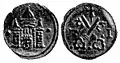 1571. of Riga feniņš with coat of arms (silver 94, weight 0.26 g, diameter 12.0&nbsp;mm).