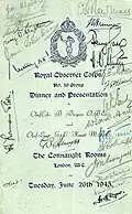 Card from No. 19 (Bromley) Group "Dinner and Presentation", 1945.