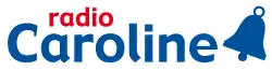 Radio Caroline as script with first word in red followed by second in blue followed by a blue bell set at an angle