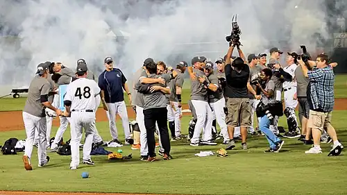 Men in baseball uniforms celebrating on a baseball field