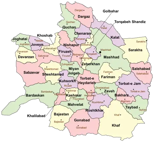 Location of Torbat-e Jam County in Razavi Khorasan province (right, purple)