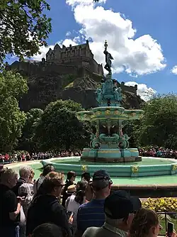 Switching on the newly restored Ross Fountain in West Princes Street Gardens, Edinburgh on 8 July 2018