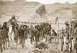 The massive surrender of Prinsloo's Boer forces in Brandwater basin, 1900. Unknown artist. From Archibald Forbes et al.: Battles of the Nineteenth Century, Vol. 7, around 1902.