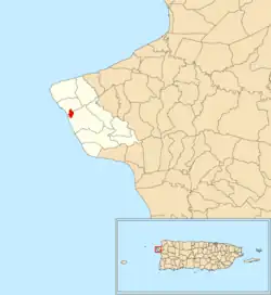 Location of Rincón barrio-pueblo within the municipality of Rincón shown in red