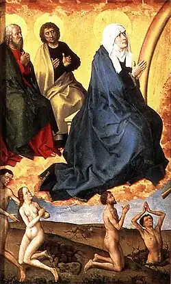 Painting with three large haloed figures against golden clouds and nude figures on the dark ground below