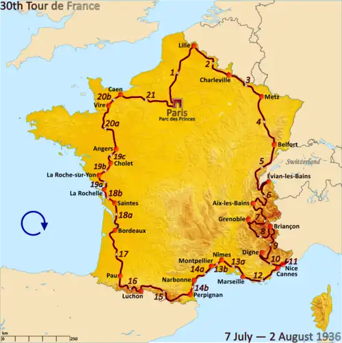 Route of the 1936 Tour de France followed clockwise, starting in Paris