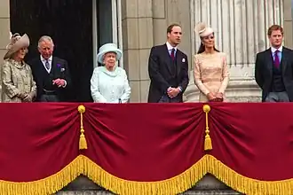 The Queen and members of the British royal family on the balcony of Buckingham Palace after the Thanksgiving Service, 5 June 2012