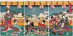Evening Banquet for Cherry-blossom Viewing at the Rokujô Palace (Rokujô gosho hanami no yûen), by Kunisada (1855)