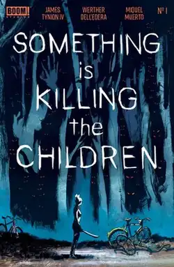A blond woman with a machete stands in the wilderness. In the darkness of the trees, orange eyes stare back at her.