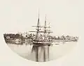 HMS Galatea in Farm Cove; Government House to the left, c. 1870, [attributed Charles Pickering]