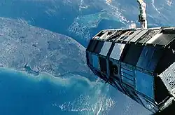 The deployed Long Duration Exposure Facility (LDEF), which became an important source of information on the small-particle space debris environment.