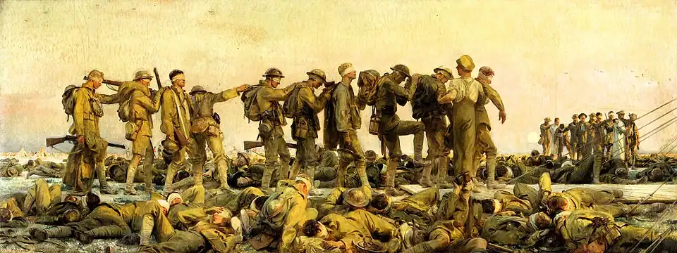 Men walk in a line with hands on each other's backs