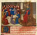 Folio 1r.: School, with Cato and his translator (seated below) instructing pupils.