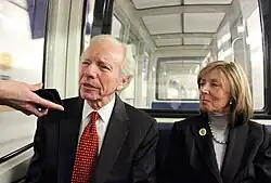 Senator Joe Lieberman rides the subway to the Capitol with his wife Hadassah in 2011