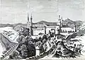 The Prémontrés convent surrounded by troops positioned on the ridges. Drawing from L'Illustration.