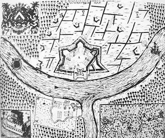 French map showing the location of Wat Makok (now Wat Arun) from Histoire de la Révolution de Siam arrivée en l'année 1688, by Jean Vollant des Verquains (1688) reign of King Narai.[6]