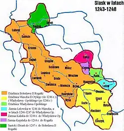 1243-1248 &nbsp;&nbsp;Bolesław II &nbsp;&nbsp;Władysław Opolski &nbsp;&nbsp;Mieszko II, &nbsp;&nbsp;&nbsp;&nbsp;&nbsp;&nbsp;&nbsp;1246: Władysław &nbsp;&nbsp;&nbsp;&nbsp;&nbsp;&nbsp;&nbsp;Opolski &nbsp;&nbsp;Santok &nbsp;&nbsp;Kalisz &nbsp;&nbsp;Kępno &nbsp;&nbsp;Lelów