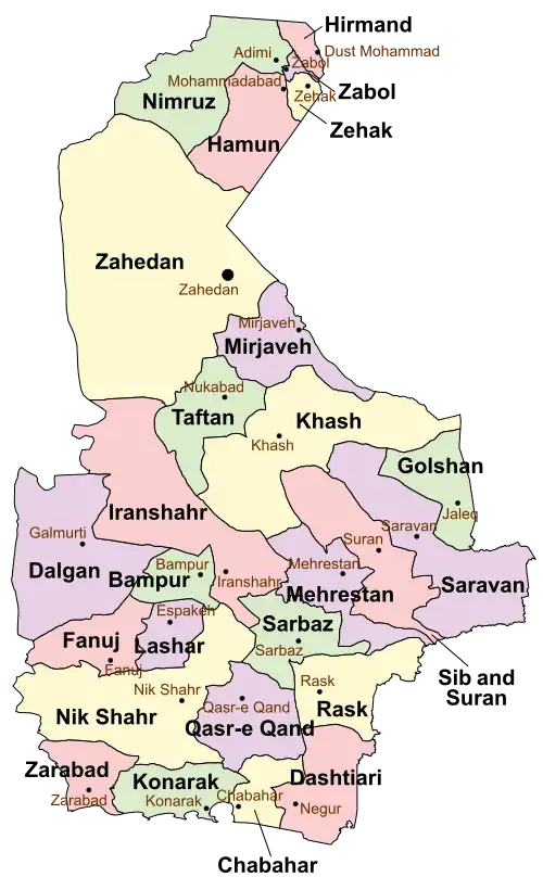 Location of Fanuj County in Sistan and Baluchestan province (center left, pink)
