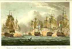 Coloured print of a naval battle between sailing ships. Four ships seen stern on in the right of the picture, obscured by clouds of smoke, a fifth ship seen bow on in the left.