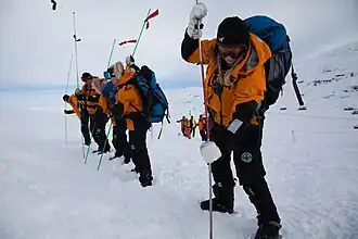 Norwegian People's Aid volunteers participating in a course, specialising in avalanche search and rescue