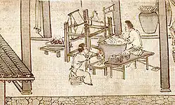 The cocoons are soaked and the silk is wound on spools.