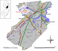 2010 map of Society Hill highlighted within Middlesex County. Inset: Location of Middlesex County in New Jersey.