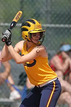 Fastpitch batter with masked helmet