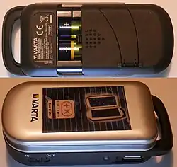 VARTA solar charger model 57082 with two 2100 mAh Ni–MH rechargeable batteries