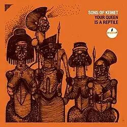 A charcoal drawing of a group of African people over an orange background.