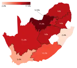 The Economic Freedom Fighters performance by region in the 2024 South African general election.