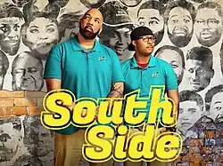 Lead characters Simone and Kareme stand in front of a brick wall that has wheat paste images of the other characters on the show. They are wearing turquoise polo shirts with the RTO logo.
