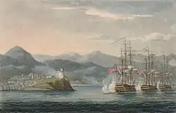 Painting showing three ships in a line sailing past and firing on a fort and town