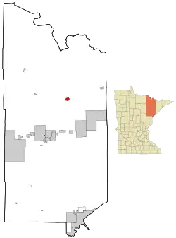 Location of the city of Tower within Saint Louis County, Minnesota