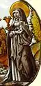 St. Odile, with a pair of eyes in a chalice. Stained glass from c. 1500.