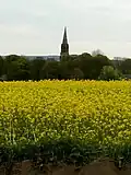 Spire in rural landscape