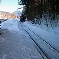 J.E Henry Railroad with steam-powered locomotive on narrow-gauge railway