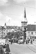 Steindamm Church ca. 1940; a branch of Dresdner Bank AG is visible in the foreground