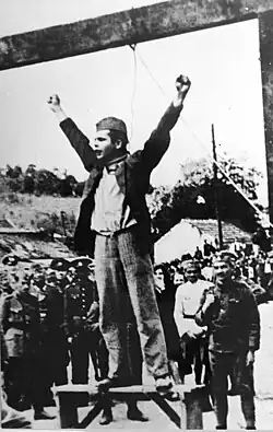 Yugoslav Partisan fighter Stjepan "Stevo" Filipović shouting "Smrt fašizmu sloboda narodu!" ("Death to fascism, freedom to the people!") (the Partisan slogan) seconds before plunging to his death