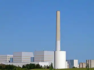 Studstrupværket power plant, with its 190 meters tall smokestack, is a landmark for Studstrup.