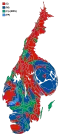 Cartogram of the map to the left with each municipality rescaled to the number of valid votes cast.