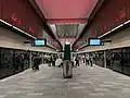 Picture of Hills Showground station. It consists of an underground platform with platform screen doors viewed from an escalator.