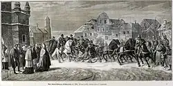 "King Henry of Valois arrives at Miedzyrzecze Castle". Color ink drawing turned into woodcut magazine illustration, 1882.