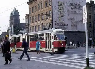 Konstal 102Na, line 8 at Brama Portowa square in 1975