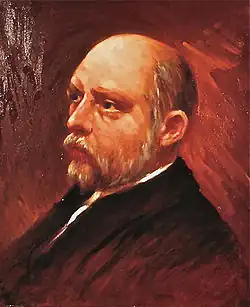 Painting of a bald, bearded late-middle-aged man in a suit, facing left.